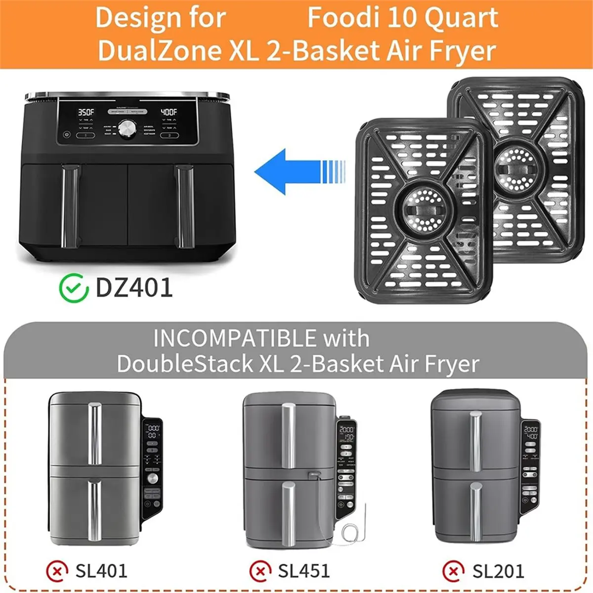 For Foodi DZ401 DZ550 10QT DualZone Air Fryers Replacement Grill Pan with Rubber Bumpers, Dishwasher Safe