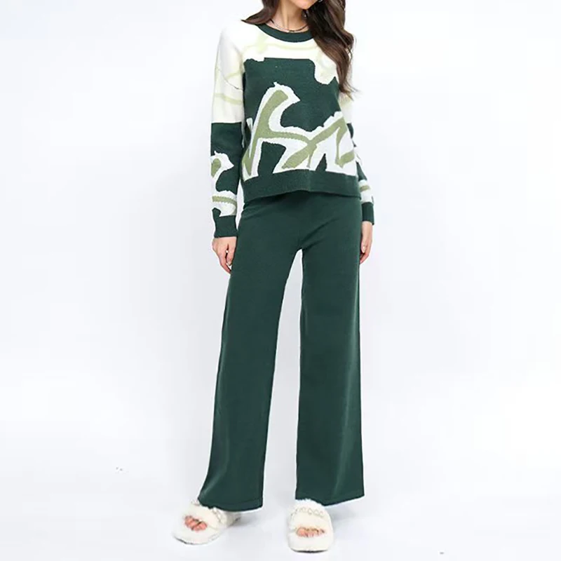 

Women Warm Two-piece Set Autumn O-neck Long Sleeve Sweater Pullover and High Waist Wide Leg Pants Knit Casual Chic Jacquard Suit