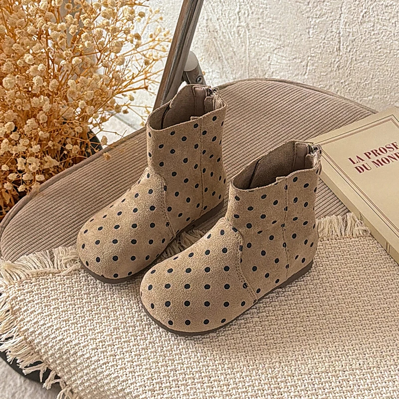 Girls Polka Dot Ankle Boots Retro Style Kids Short Leather Boots Back Zipper Children Fashion Leather Boots Autumn Winter