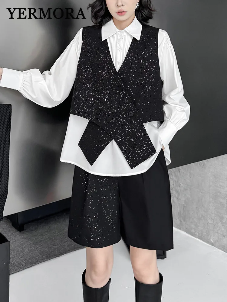 

YERMORA Women Two Pieces Set Black Rhinestone Vest Fashion Irregular High Elastic Waist Shorts Tide Spring Summer 2025 New A859