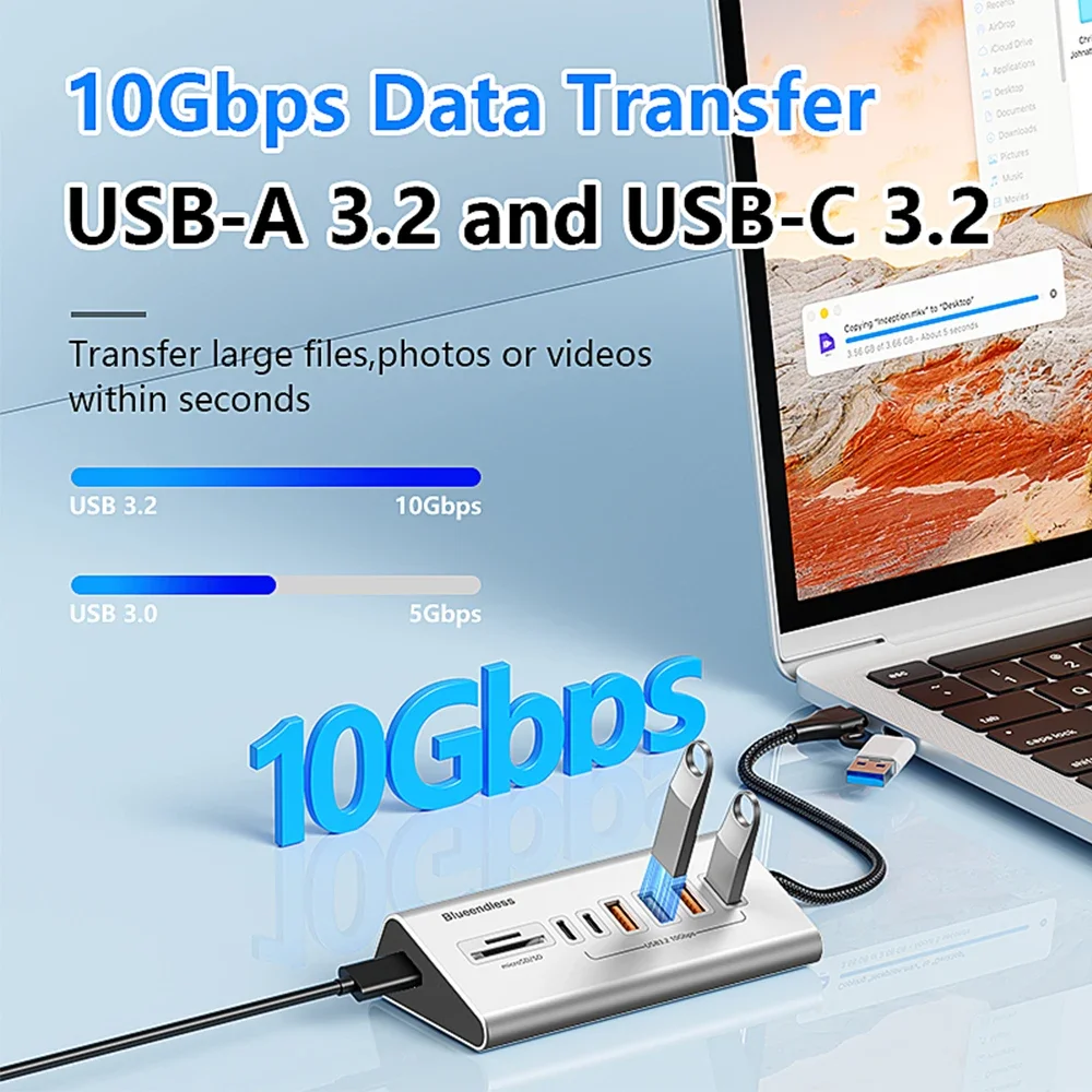 KEBIDUMEI 10Gbps USB 3.2 GEN 2 Docking Station 8 Ports USB-C HUB Type C Splitter Data Transfer Adapter Card Reader For PC Laptop