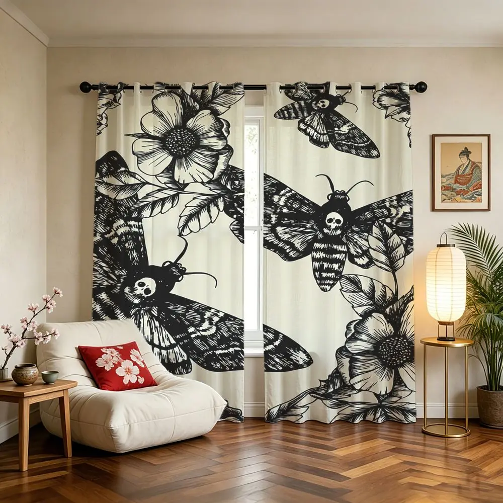 Moth Floral Sketch Printed Curtains 2 Panels Darkening Curtains Light Blocking Rate 85% Curtains For Gothic Adult Room