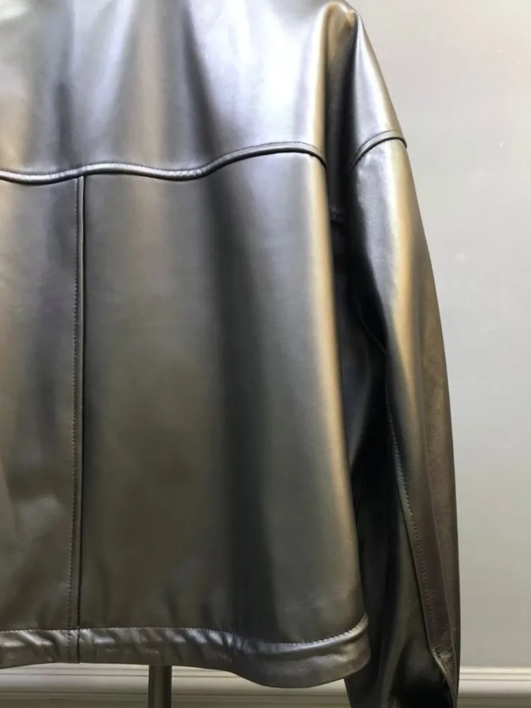 Giacca da donna in vera pelle alla moda Colletto couverture Cappotto casual monopetto da lavoro Lady Capispalla in pelle di pecora naturale vestibilità ampia