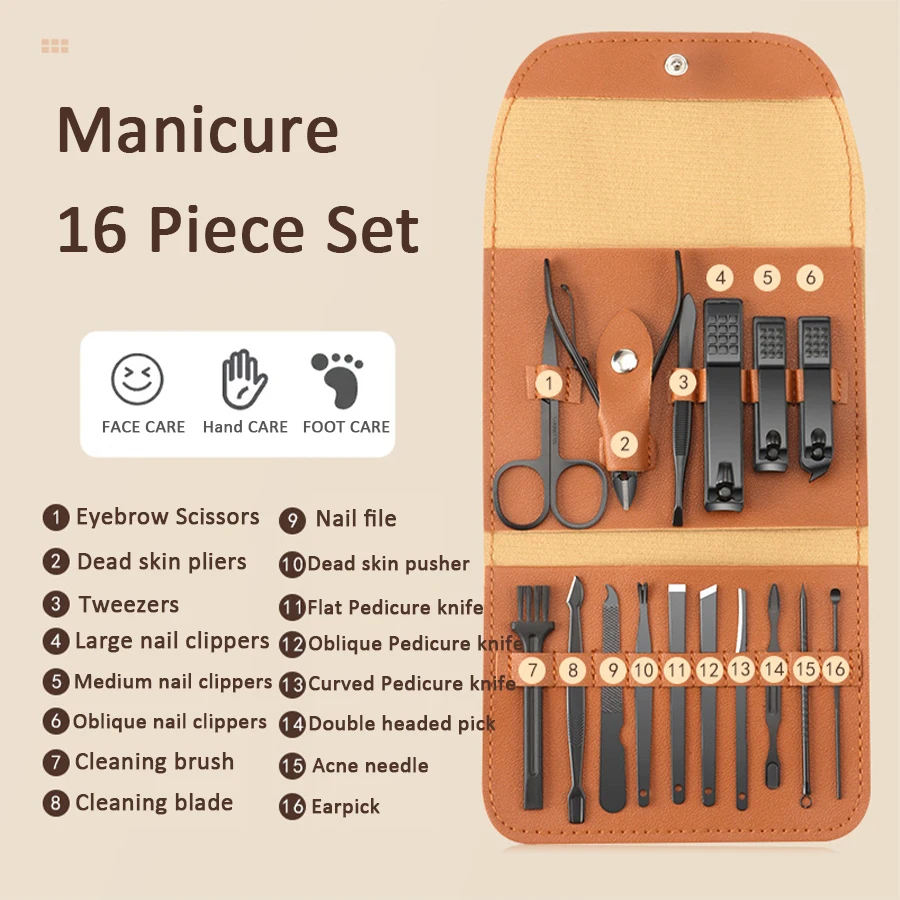 Ensemble de manucure et pédicure, coupe-ongles professionnel en acier inoxydable, outils avec étui de voyage, 16 pièces