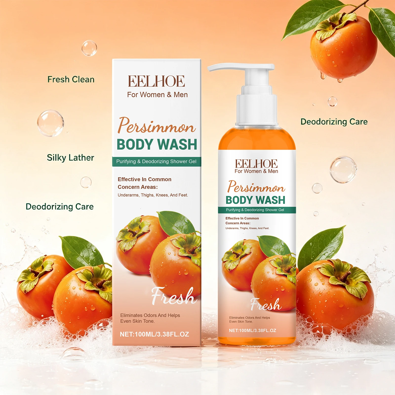 Persimmon Body Wash Deodorizing Shower Gel for Men & Women Odor Eliminating Oil and Impurity Control Fresh Body Cleanser 100ml