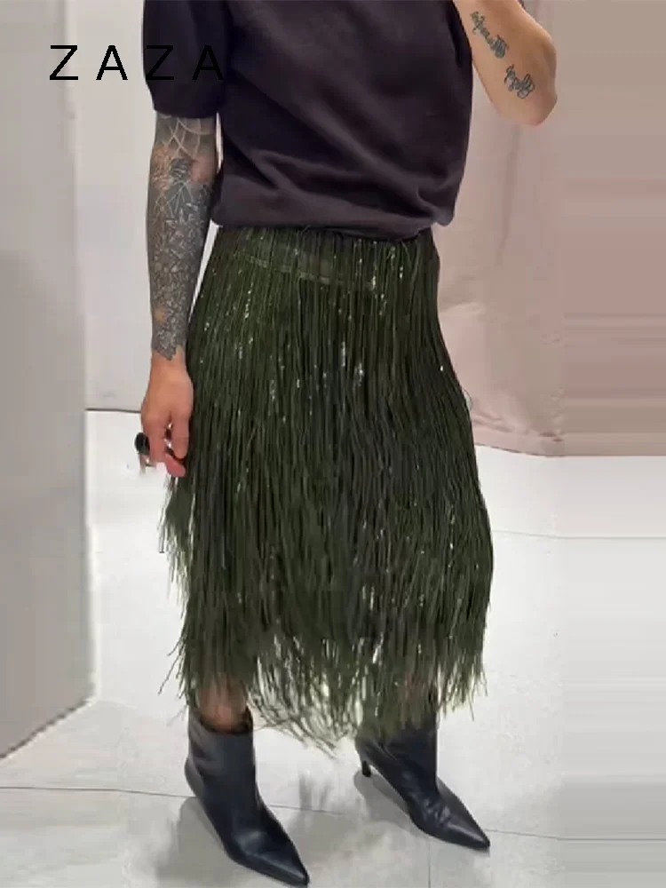 Zaza Chic fiesta vacaciones falda con borlas verdes para mujer paquete de cintura baja faldas de hierba de imitación a la cadera 2025 nueva señora prendas de vestir de calle