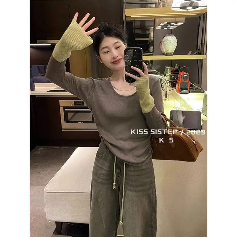 French Retro Patchwork U-neck Knitted Base Shirt Autumn and Winter Chic Contrasting Color Inner Low Neck Long Sleeved Top