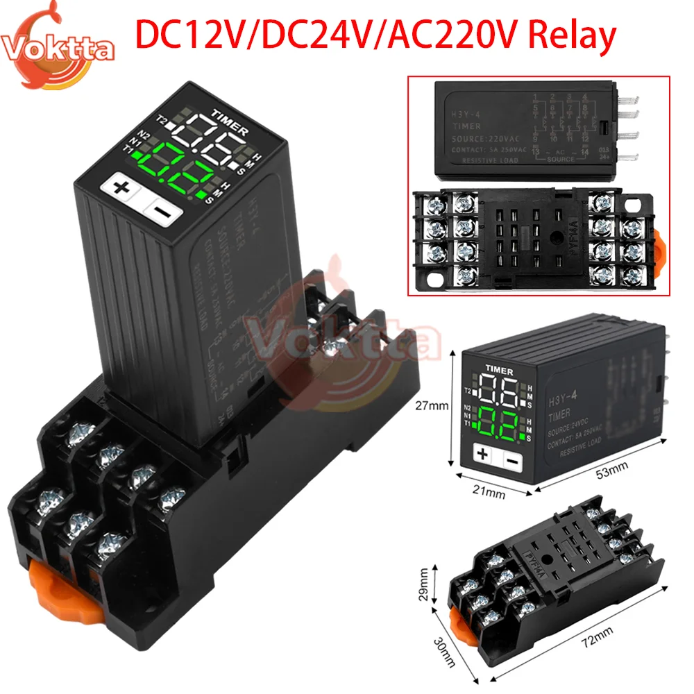 H3Y-4 LED Delay Relay DC 12V DC 24V AC 220V Dual Digital Display Cycle Time Controller Delayer Power On Delay Device with Base