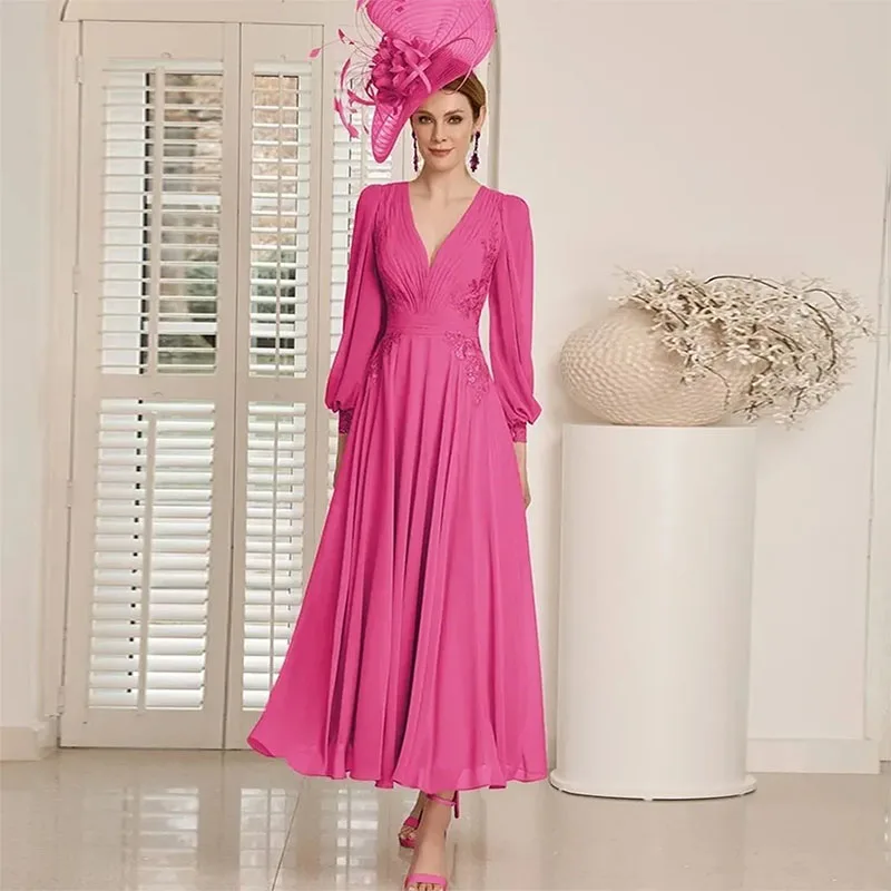 

Elegant Ankle-Length Mother of the Bride Dress V-Neck Long Sleeves Appliques Draped Wedding Guest Party Gowns 2024