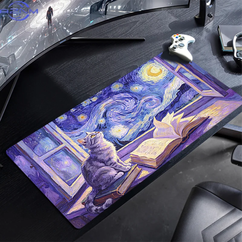 Starry Night Cat Mouse Pad Waterproof Non‑Slip White Cat Flying Over Crescent Moon Impressionist Art Mousepad for Gaming