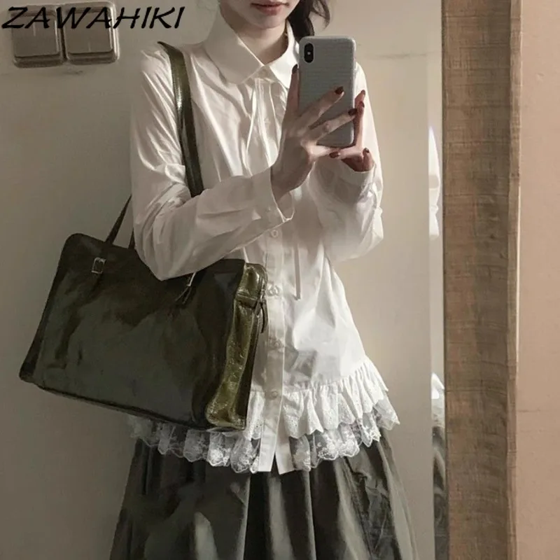 

Sweet Women's Blouse Lace Patchwork Ruffles Shirts Bandage Elegant Top Female Korean Preppy Office Lady Fashion Blusas Mujer
