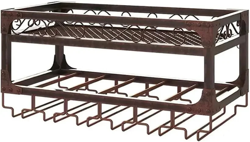 Industrial Metal Hanging Wine Bottle & Glass Holder, Large Floating Shelves Goblet Rack, Multi-Functional Wine Storage Display R