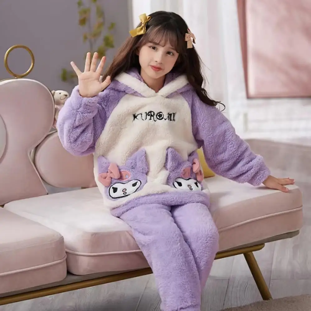 Anime Sanrio Hello Kitty Cinnamoroll Kuromi Children Winter Pajamas Cute My Melody Coral Velvet Warm Thickened Girl Pajamas Gift