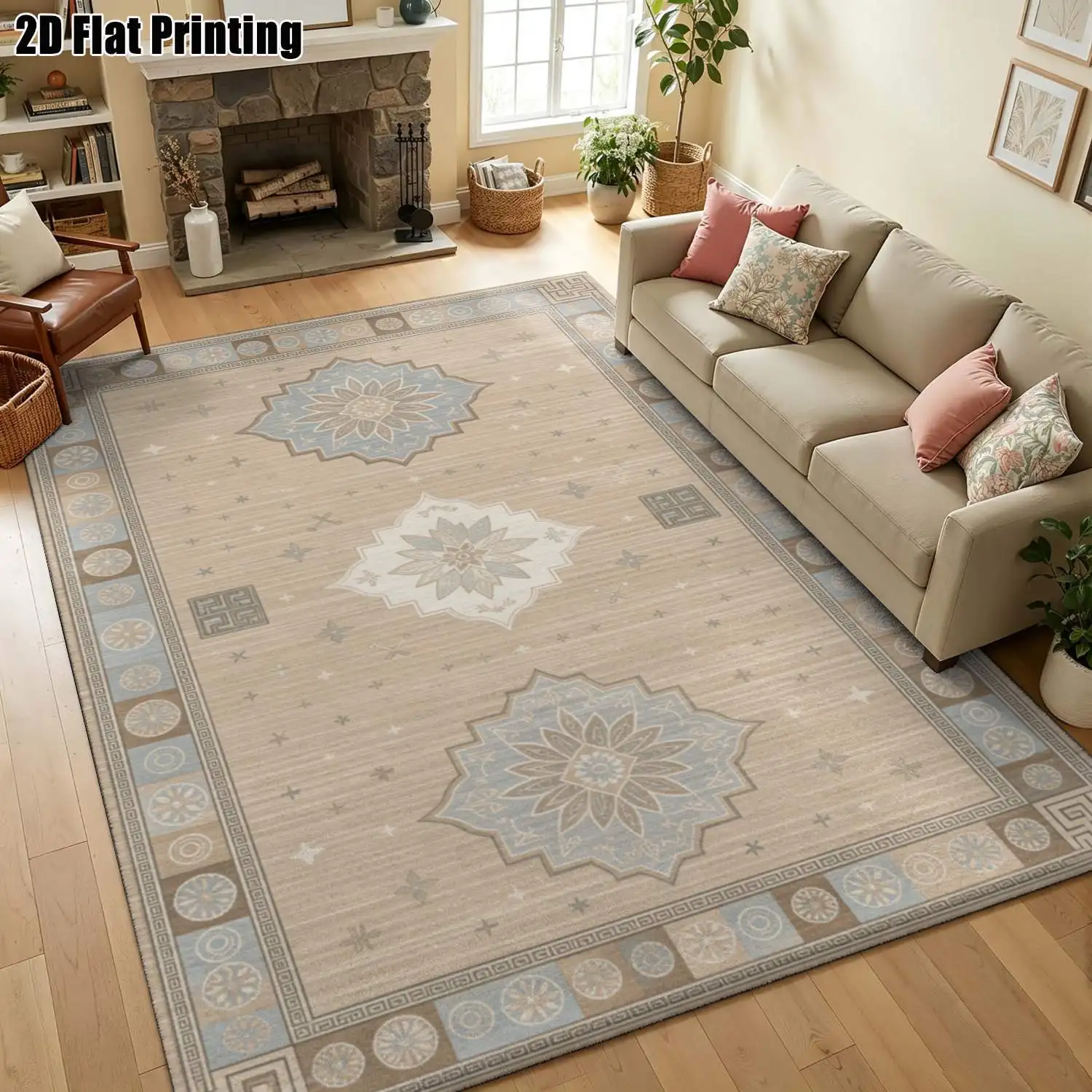1Pc 2D Printed Carpet: Beige-Blue Floral & Geometric Patterns, Vintage/European/Bohemian Style, Machine Washable, Multiple Sizes, Home Decor for Entryway, Dining Room, Foyer, Living Room, Bedroom