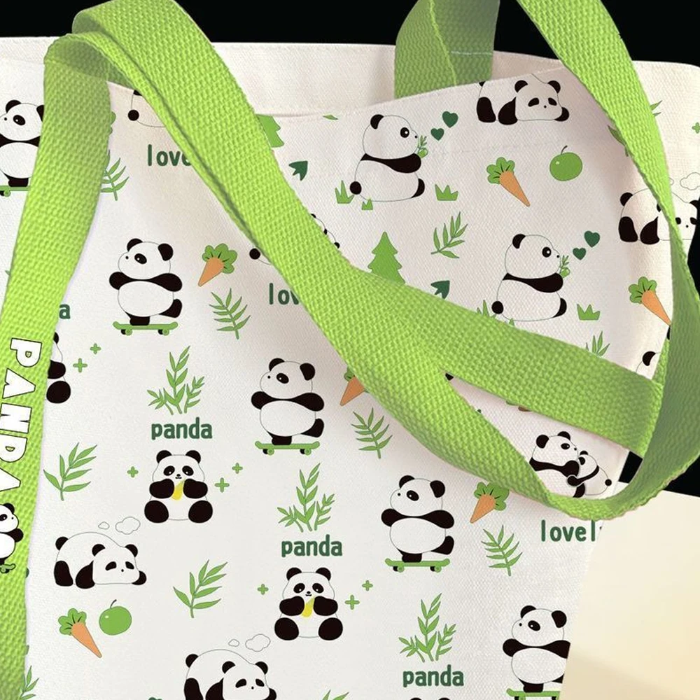 Happy Panda Cartoon-Tragetasche, süße und stilvolle Canvas-Tasche, vielseitige offene Schultertasche für Damen – Detail 4