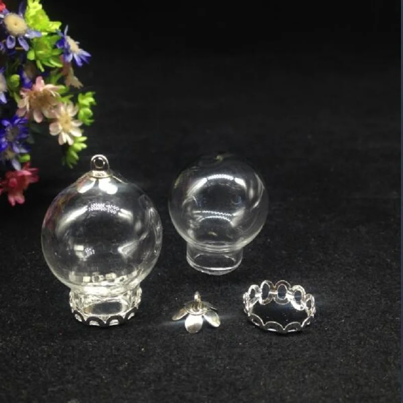 300sets/lot 20*12mm Transparent glass globe LACE base 8mm cap glass vial pendant bottle cover dome terrarium vase diy jewelry