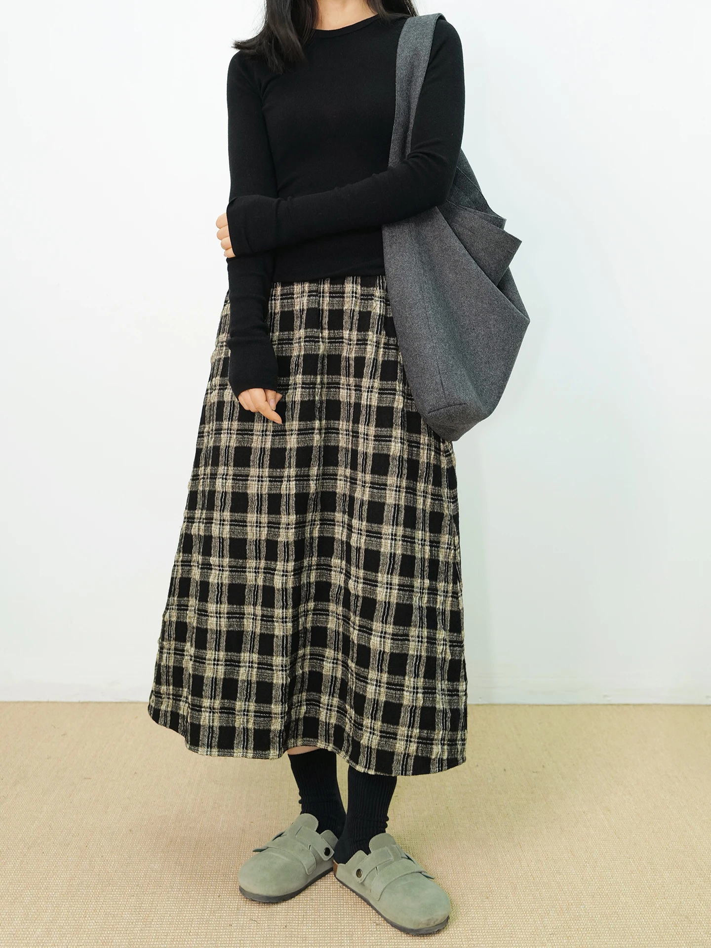 

Women's A-Line Skirt Woolen Texture Bla White Plaid Elastic Waist Casual Sle Ci Commute Versatile Cotton Blend