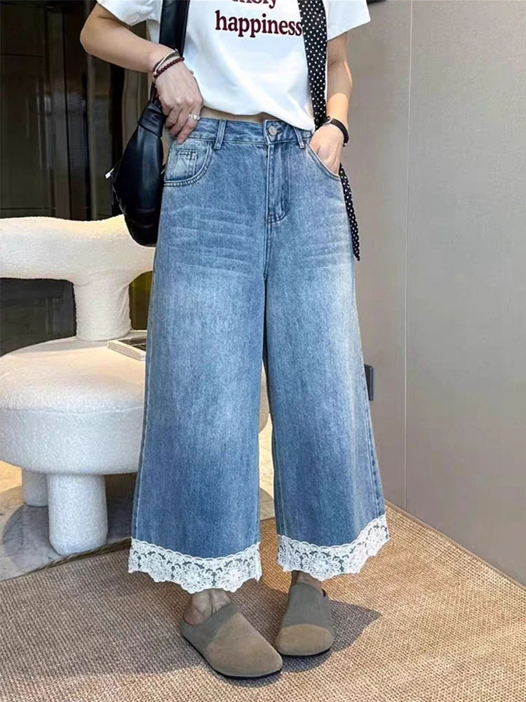 

Women Lace Spliced Jeans Spring Summer Loose High Waisted Straight Leg Ankle-length Pants Classic Blue Versatile Wide Leg Pants