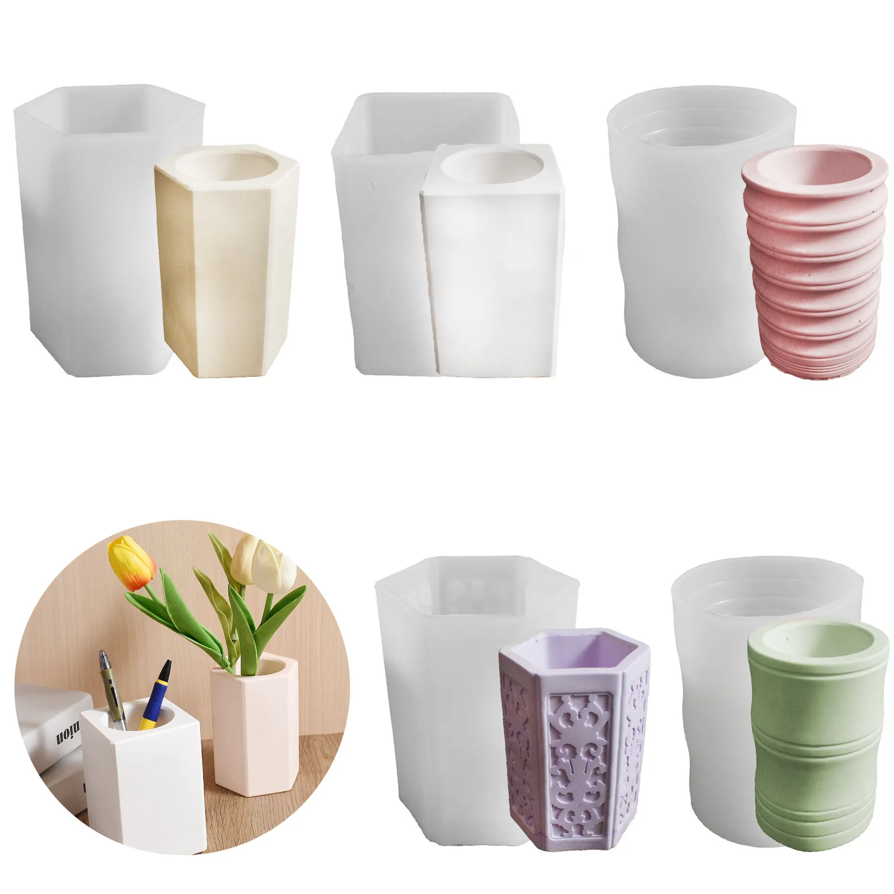 

Большой шестиугольный цилиндрический держатель для ручек, силиконовая форма из смолы, клей-капля, сделай сам, рельефный узор, цилиндрическая форма для хранения гипса