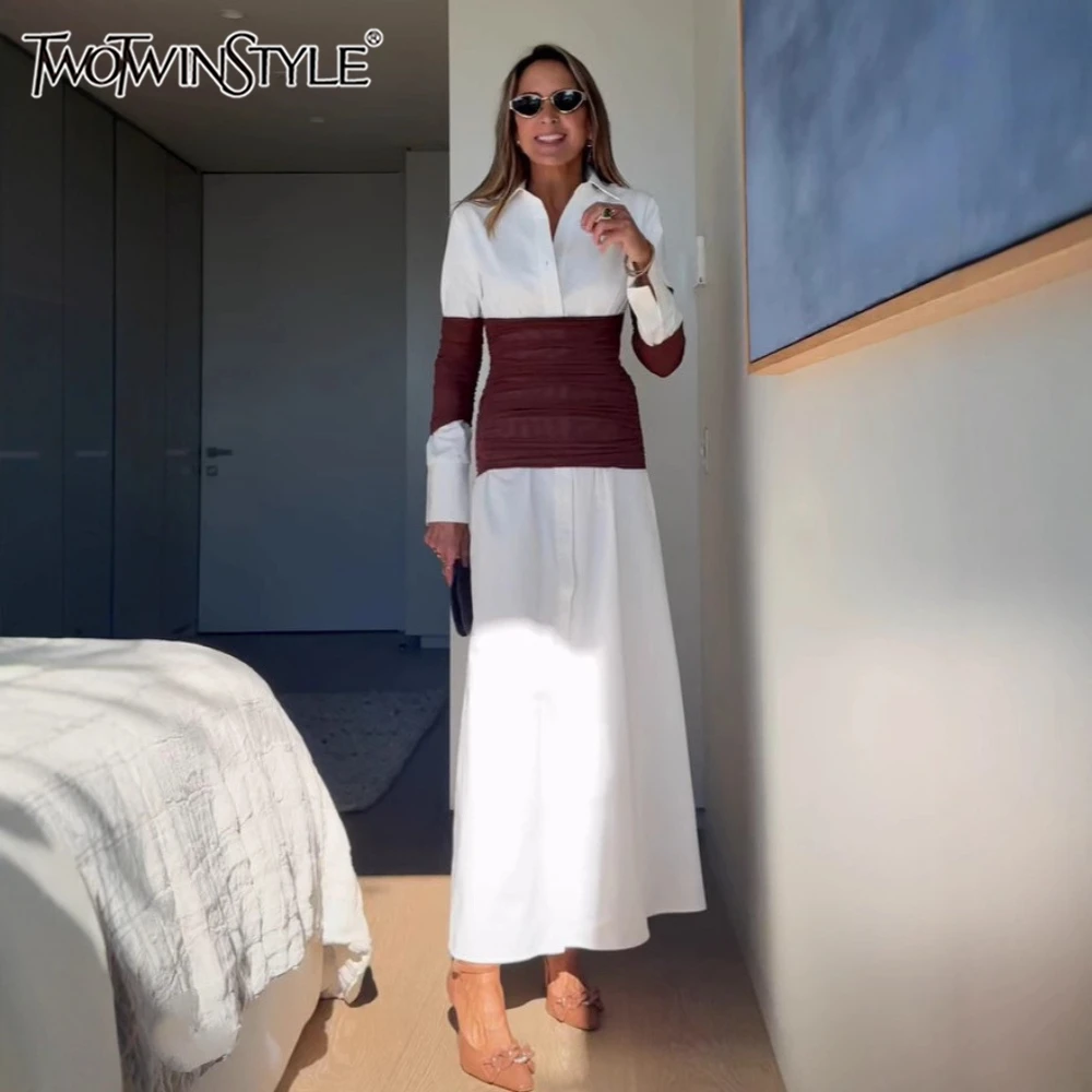 TWOTWINSTYLE Pendler Stil Split Maxi Kleid für Frauen Revers Langarm Patchwork Bandage Abnehmen Hemd Kleider Weibliche Mode