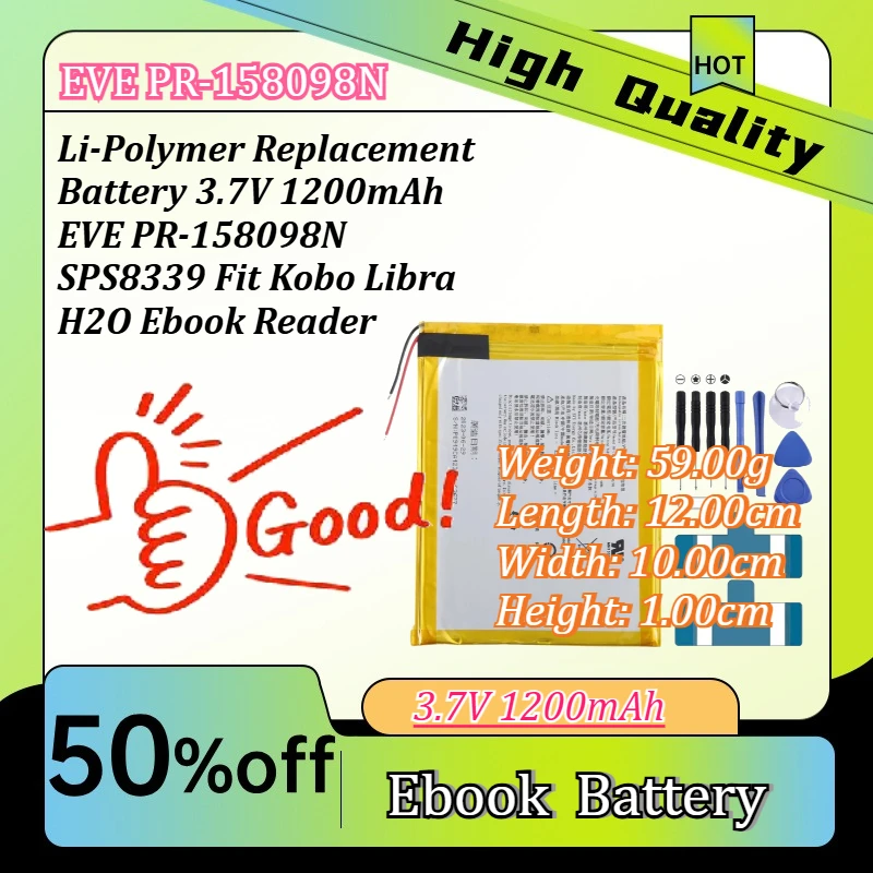 Li-Polymer Replacement Battery 3.7V 1200mAh EVE PR-158098N SPS8339 Fit Kobo Libra H2O Ebook Reader
