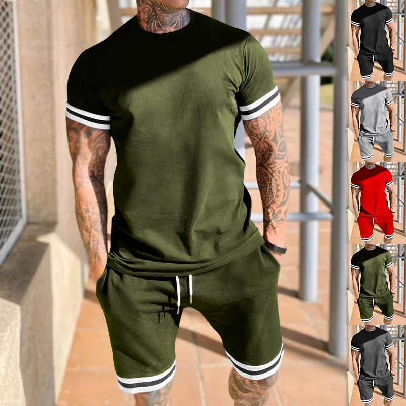 Summer New Men 2 Piece Set Tracksuits Casual Fashion Short Sleeves T-shirt+shorts Pants Suits Mens Clothing Breathable Outfit