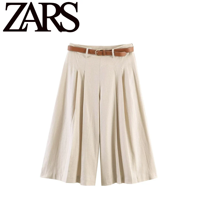 Fashionable Casual Long Short Pants with Belt Women's High Waist Straight Leg Pants Polyester Fiber Summer Season Ladies