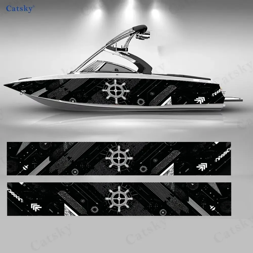 Geometric Compass Boat Stickers, PVC Waterproof Durable Vinyl Wrap Decals for Fishing Boats, Durable and Stylish Design