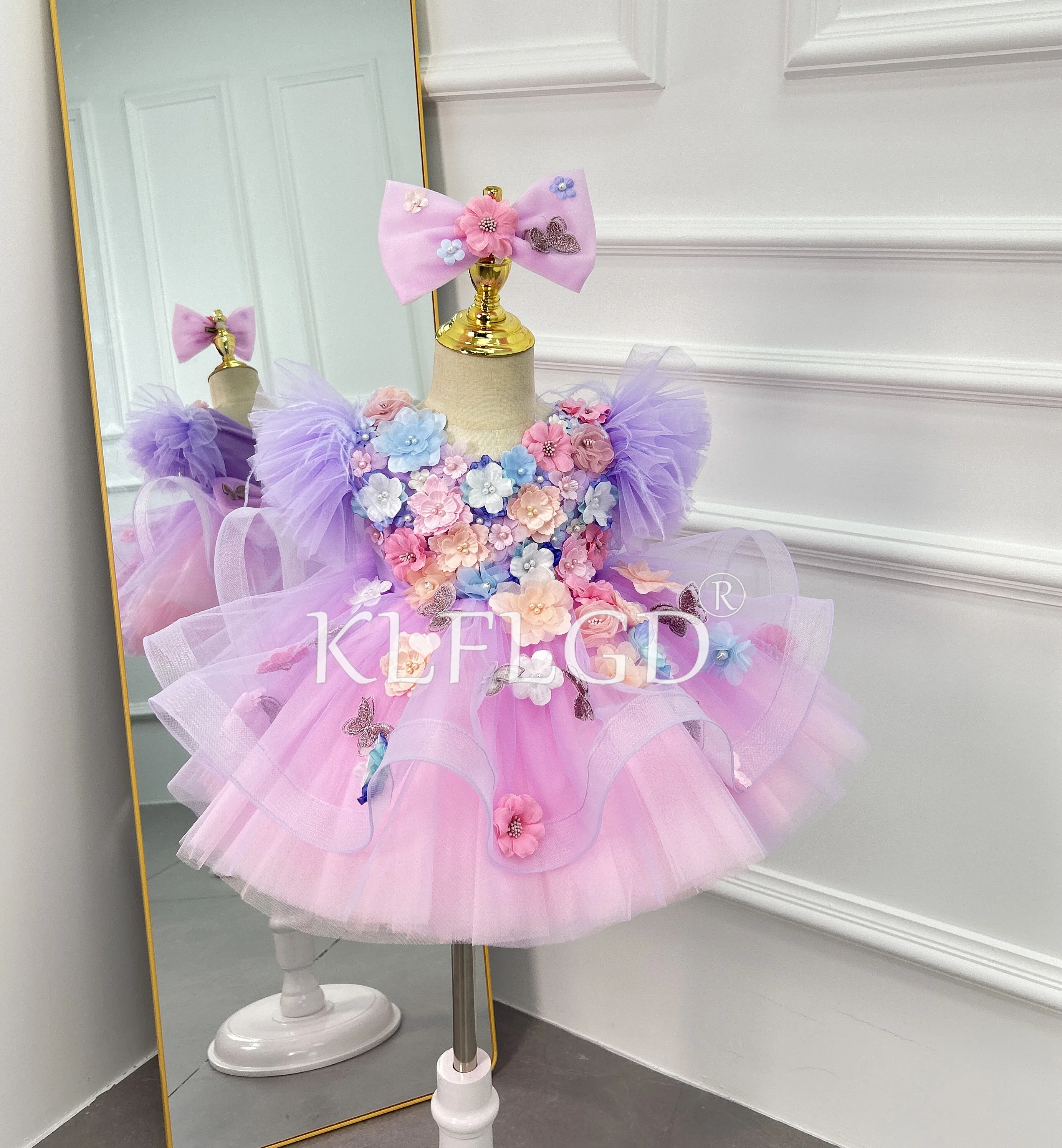 New Flower Children's Wedding Dress for 2-8 Years Old, Tulle Embroidered Applique Puffy Skirt Short Girls Luxury Party Dress