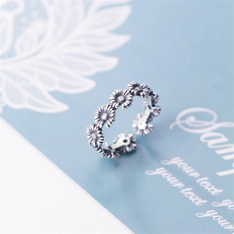 Sole Memory Retro Flowers Sunflower Cool 925 Sterling Silver Female Resizable Opening Ring For Women Party Birthday Gift RI575
