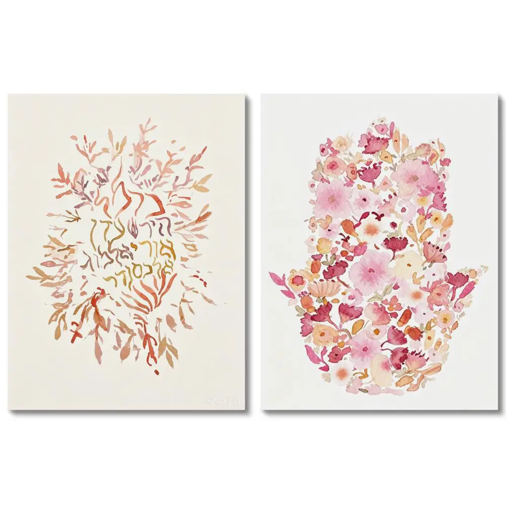 Floral Hamsa Hand Canvas Art HD Print Pink Watercolor Jewish Home Blessing Amulet Decor for Bedroom Entryway Living Room Wall