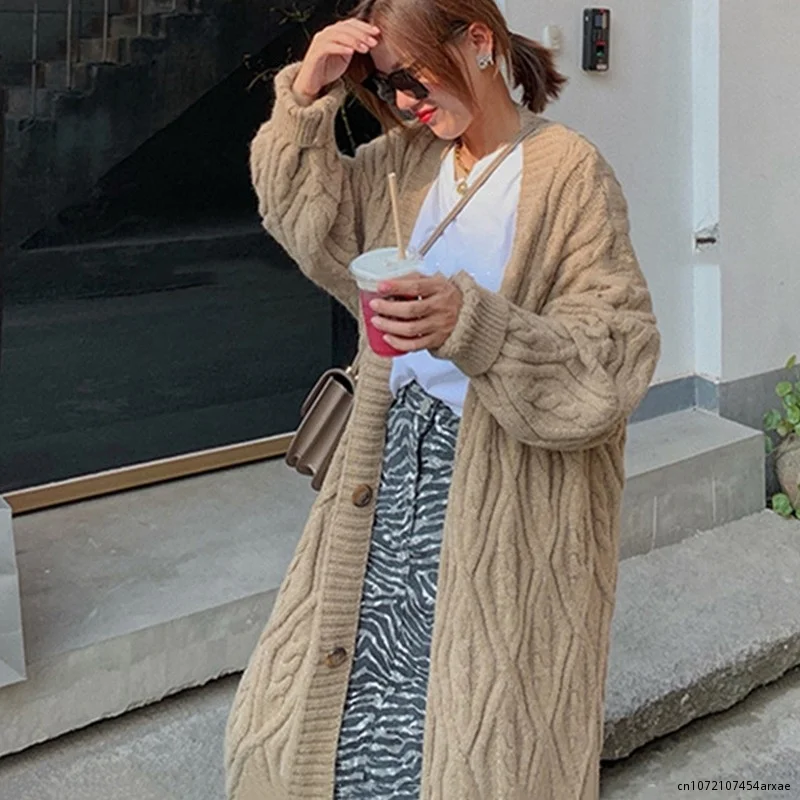 

2023 Female Casual Khaki Knit Oversized Outwear V Neck Thicken Long Sweaters Women Knitted Loose Cardigan Jacket Autumn Winter