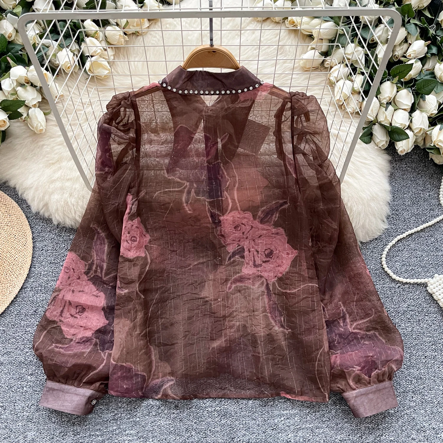 Chic Turn-down Collar Vintage Rhinestone Pleated Lantern Sleeve See Through Korean Women Streetwear High Street Autumn Blouse