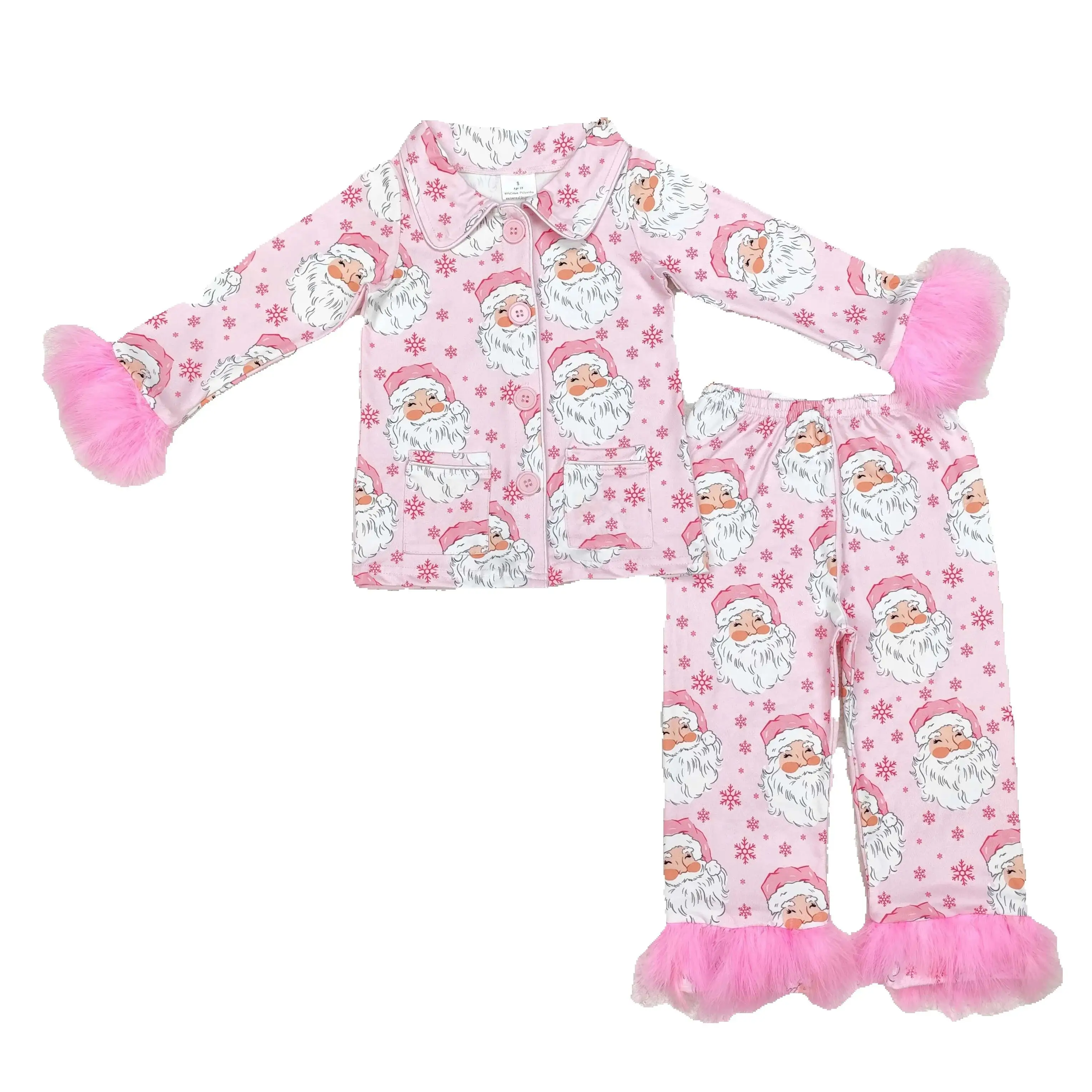 new rts Fashionable Infant Girls Christmas Fur Pajamas Set Wholesale Boutique Girls Santa Pattern pink Pajamas Set