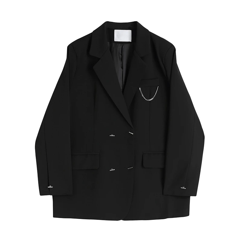 

Spring Autumn Women Casual Blazers Coat Double-breasted Black White Notched Collar Long Sleeve Suit Jacket Female Chaqueta Mujer