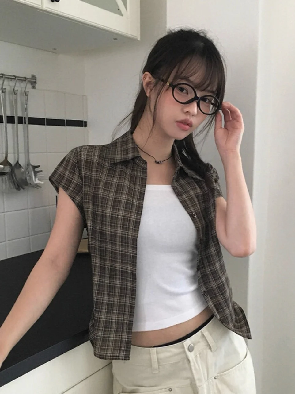 الشارع Sle الكورية فضفاضة عارضة منقوشة ort Sve irt المرأة تخفيف الرياح Dstring الجزء العلوي من الجسم ملابس الصيف ارتداء