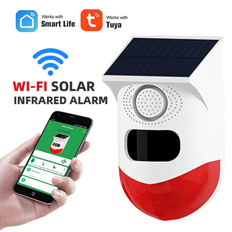 Tuya Smart WiFi Infrared Motion Detector Solar Outdoor Wireless Strobe Siren Detector Sound Alarm For Home Yard Outdoor Security