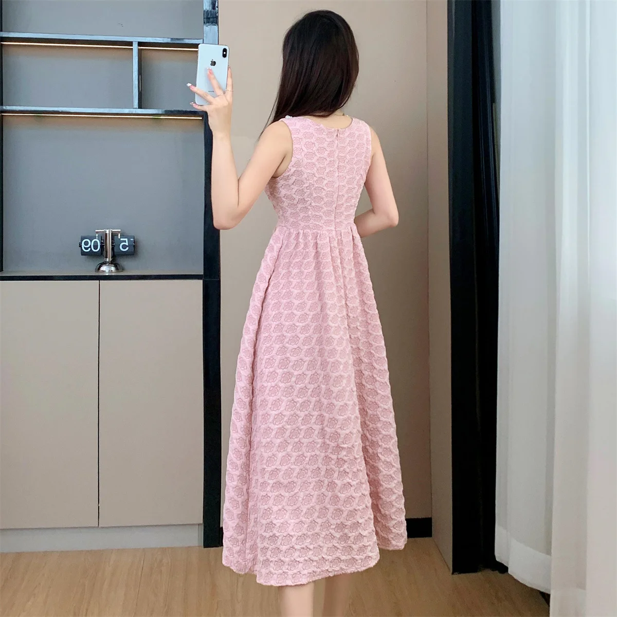 Elegant Pearl CHAIN สีชมพูชุดราตรีผู้หญิงฤดูร้อนดอกไม้ Jacquard ชุดราตรี MIDI ยาว Vestidos