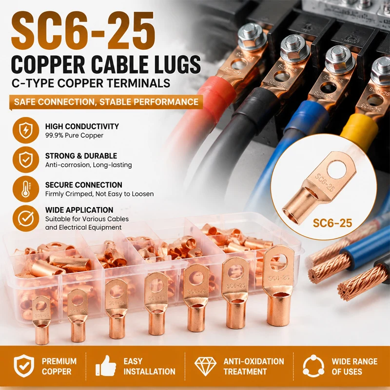 60Pcs Copper Terminal Connector Set Crimp Ring Connectors for Bare Wire Connections Electrical Repair Kit Copper Contact