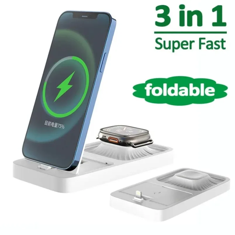 3 in 1 Wireless Charger Stand Multi Safety Protection 15W Fast Charge Anti-slip for iPhone 17 16 15 14 13 12 Watch AirPods