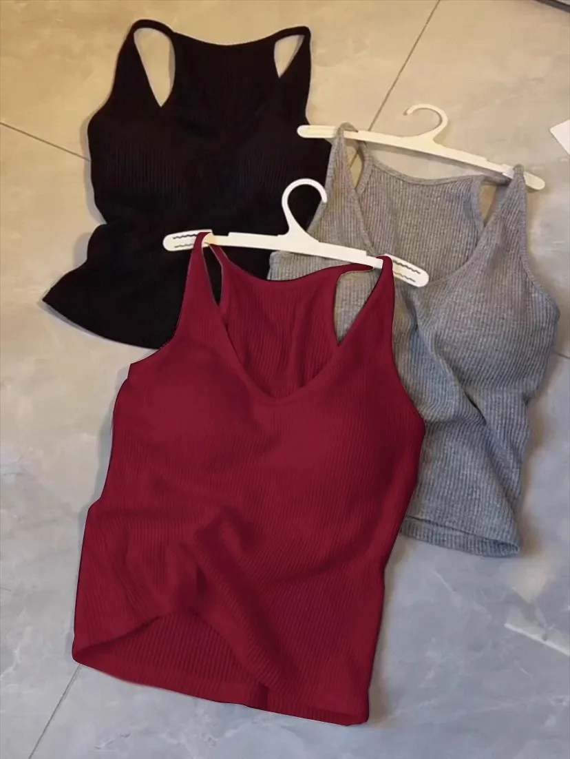 Spring Summer Large Size Base Tank Top Strap Fixed Chest Pad Slimming Workwear Elegant Backless Versatile French Style U-Neck