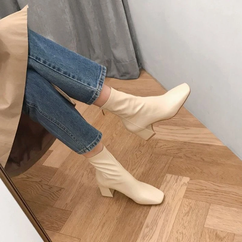 Ankle Boots for Women Plain Beige Heeled New Rock Woman Short Shoes High Quality Trend 2025 Designer Luxury Autumn Booties