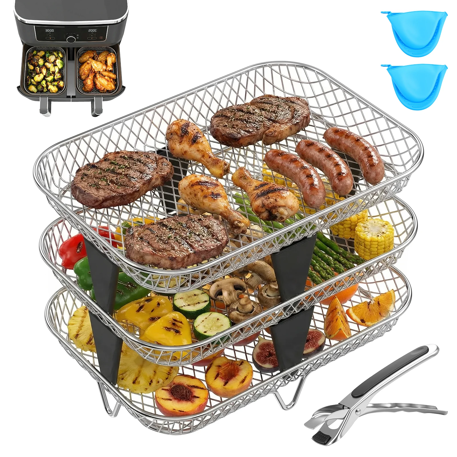 3pcs Stackable Air Fryer Rack Stackable Non-Stick Stainless Steel Airfryer Tray Grill Basket Dehydrator Basket Kitchen Gadgets