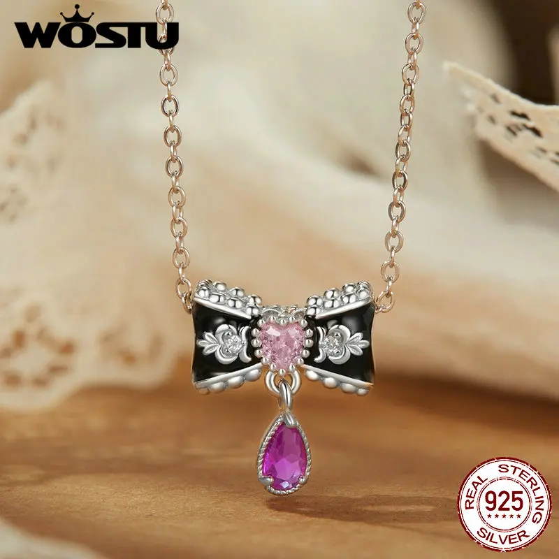 Wostu 925 prata esterlina rosa bowknot encantos contas de vidro murano original para amor meninas caber pulseira & colar diy jóias presente