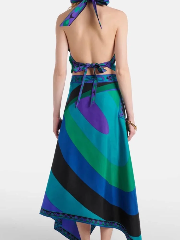 

Print Two Piece Skirt New Halter Backless Beach Dress Bra High Waist A-line Maxi Dresses Sexy Suit Holiday 2026 Seaside Set