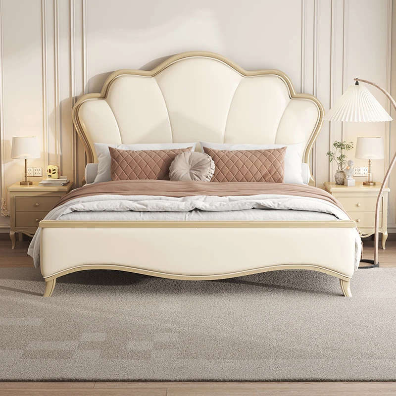 

American light luxury solid wood bed modern simple double master bedroom French cream wind princess petal girl bed