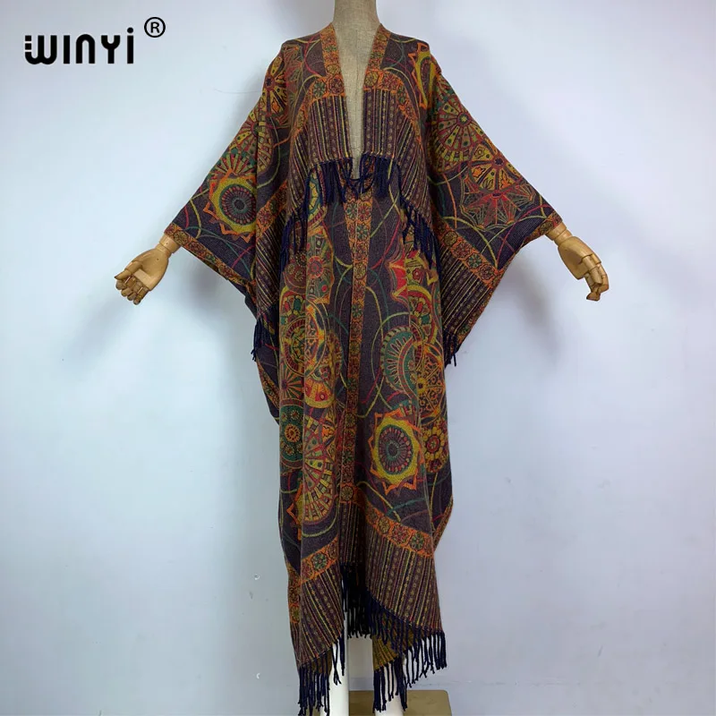 

WINYI Winter print cloak Women High Quality poncho tassels Luxury Long Loose OverCoat Thick Warm Female long down coat jacket