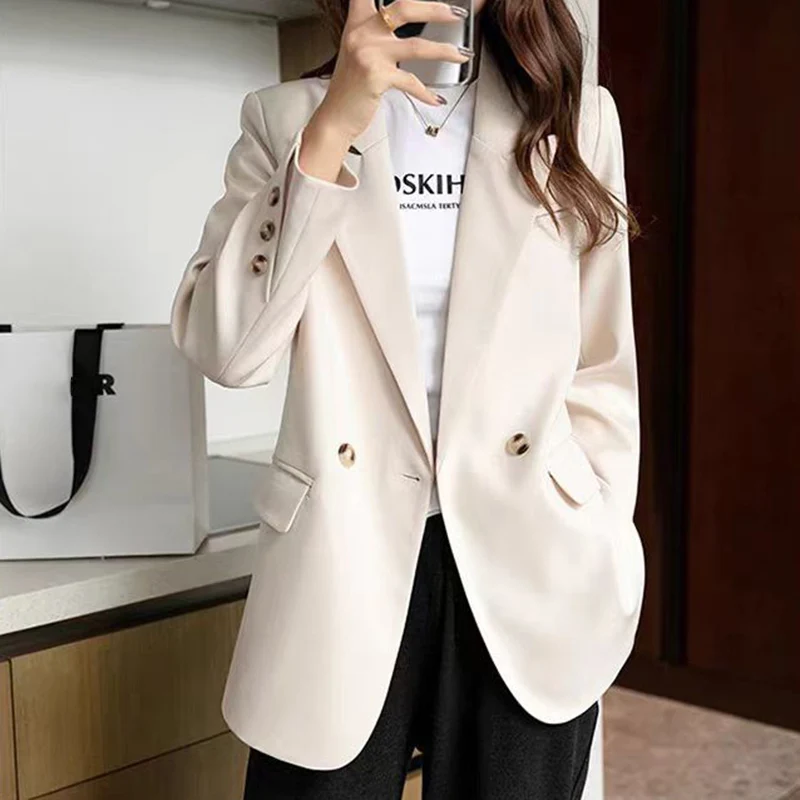 2024 Temperament Double-Breasted Blazer Women Spring Autumn Long Sleeve Chic Blazers Woman Buttons Office Suit Jacket Ladies