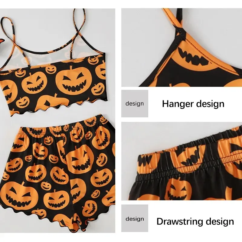 Halloween Pumpkin Print Pajama Set Spooky Pumpkin Head Print Round Neck Camisole Top and Pumpkin Lettuce Side Shorts Homewear Pa