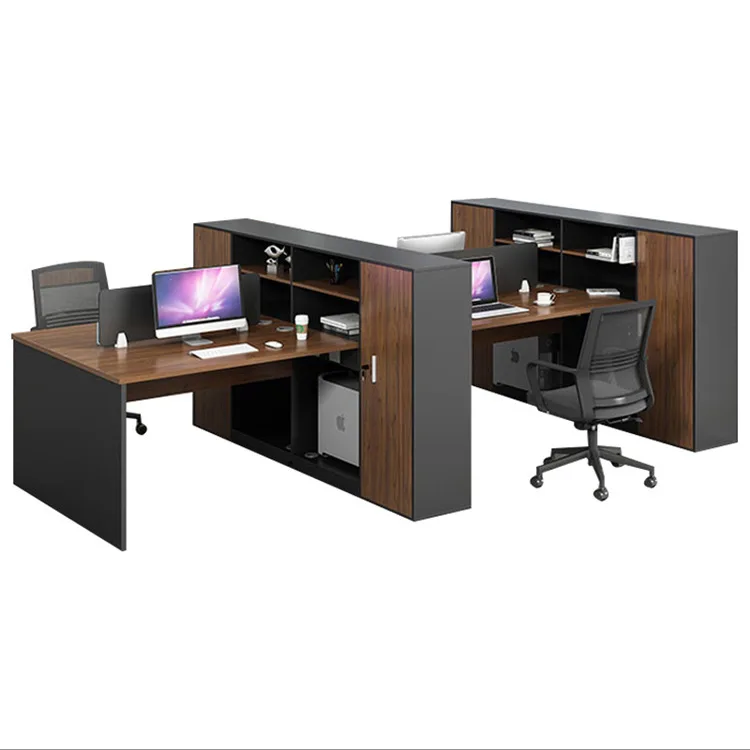 Employee desks for 2 people and 4 people, screen partitions, card spaces, employee computers, office desks and chairs, modern